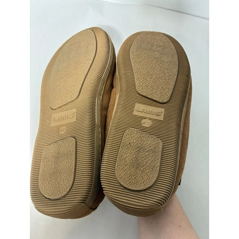 LAM Moccasin Suede Brown Slippers Faux Fur Lining Indoor / Outdoor Men's Size 10